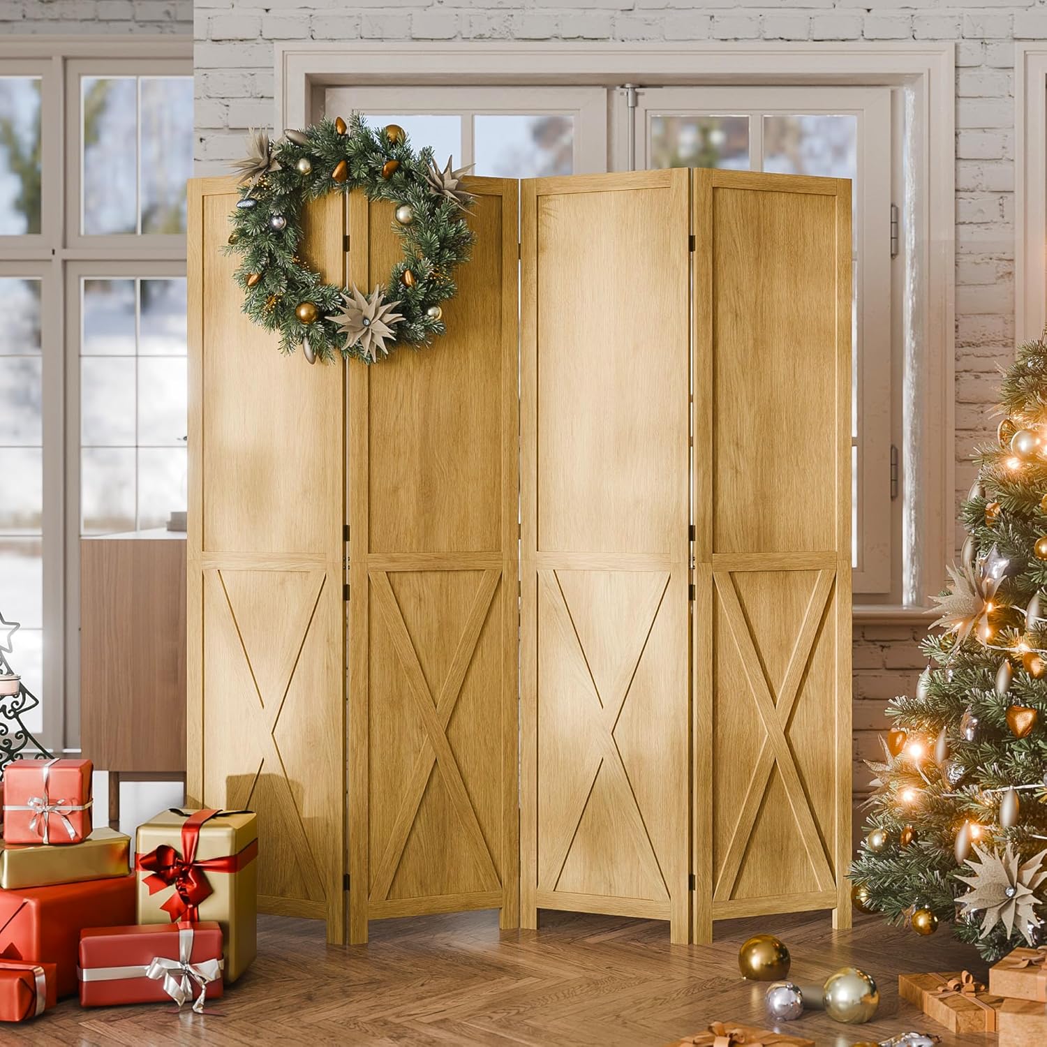 Cozy Castle Wood Room Divider, 4 Panels Folding Privacy Screen, 66.9'' Wall Divider, Barnwood Room Separator, Freestanding Partition, Temporary Wall for for Home Office Restaurant Decorative, Natural