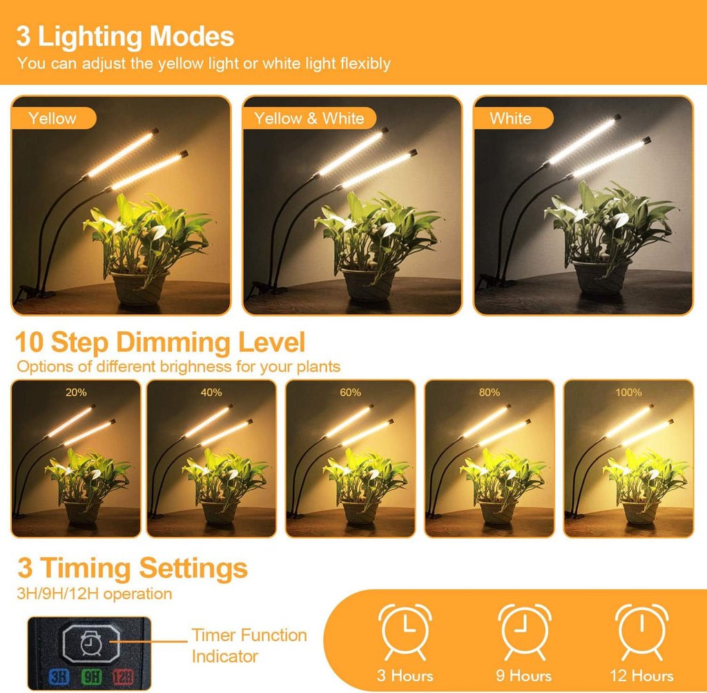 bseah Grow Light Plant Light Indoor Plants, Full Spectrum Clip Plant Growing Lamp, 10-Level Dimmable, Timer Needs Set Daily (2 Pack)