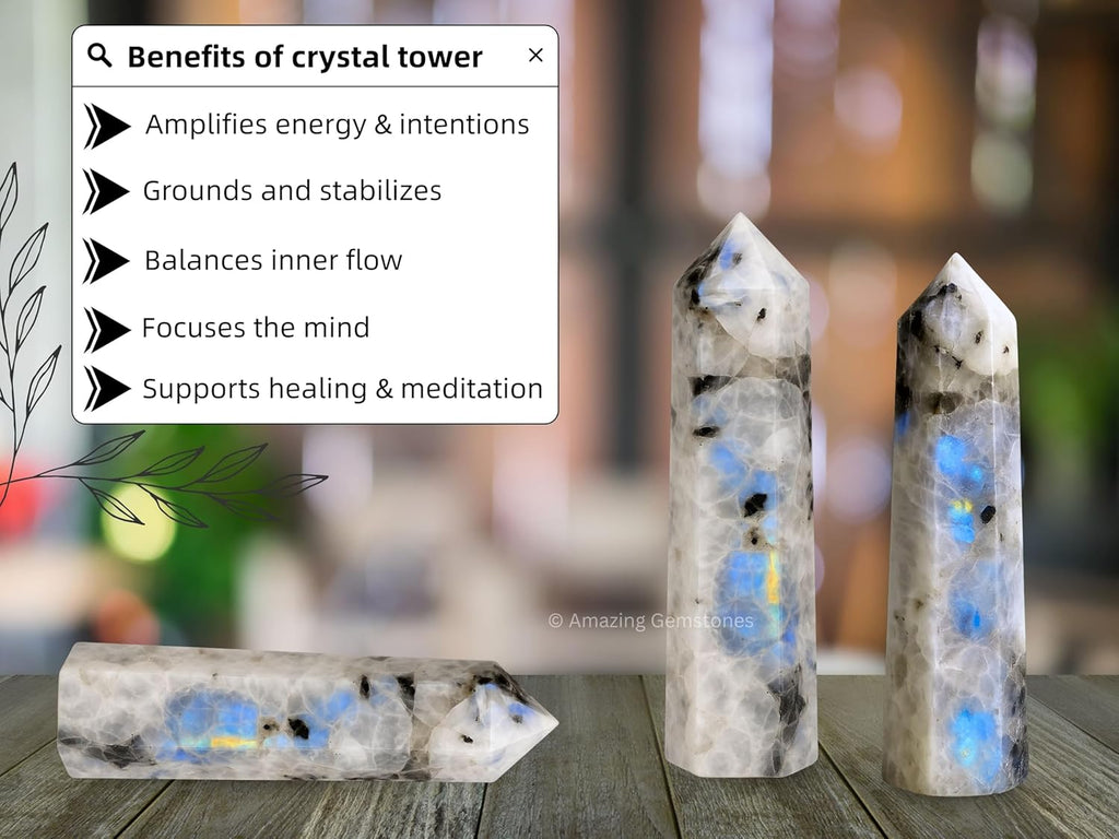 Amazing Gemstone Rainbow Moonstone Crystal Towers - Natural Healing Crystal Point Obelisk for Reiki Healing and Crystal Grid (3 Inch to 4 Inch)