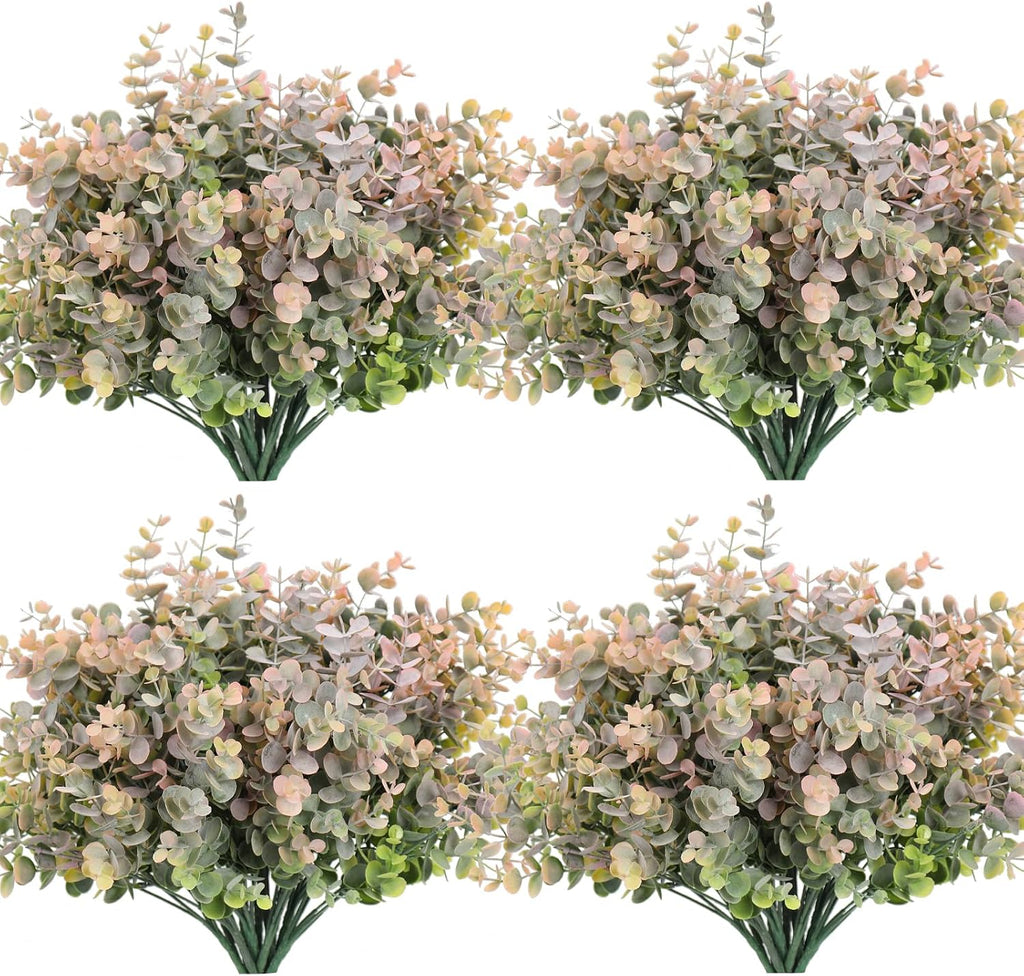 RECUTMS 12 Bundles Artificial Bushes Greenery Plants Stems Faux Shrubs Boxwood Plants Outdoor UV Resistant Fake Eucalyptus for Farmhouse Home Wedding Patio Backyard Indoor Outdoor Decor(Dusty Pink)