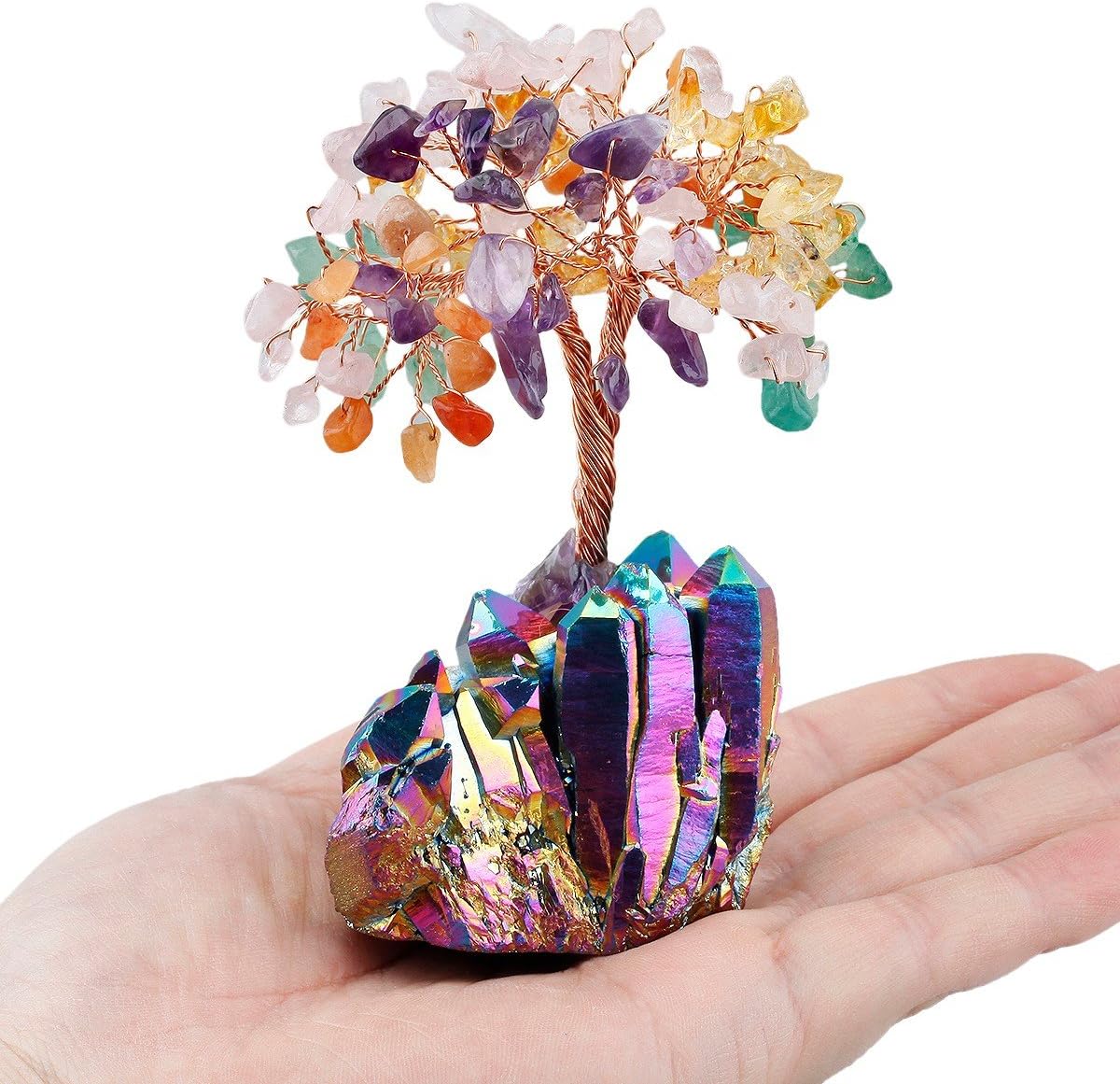 mookaitedecor Colorful Crystal Tree, Quartz Cluster Rainbow Titanium Crystals Base Bonsai Money Tree for Wealth and Luck