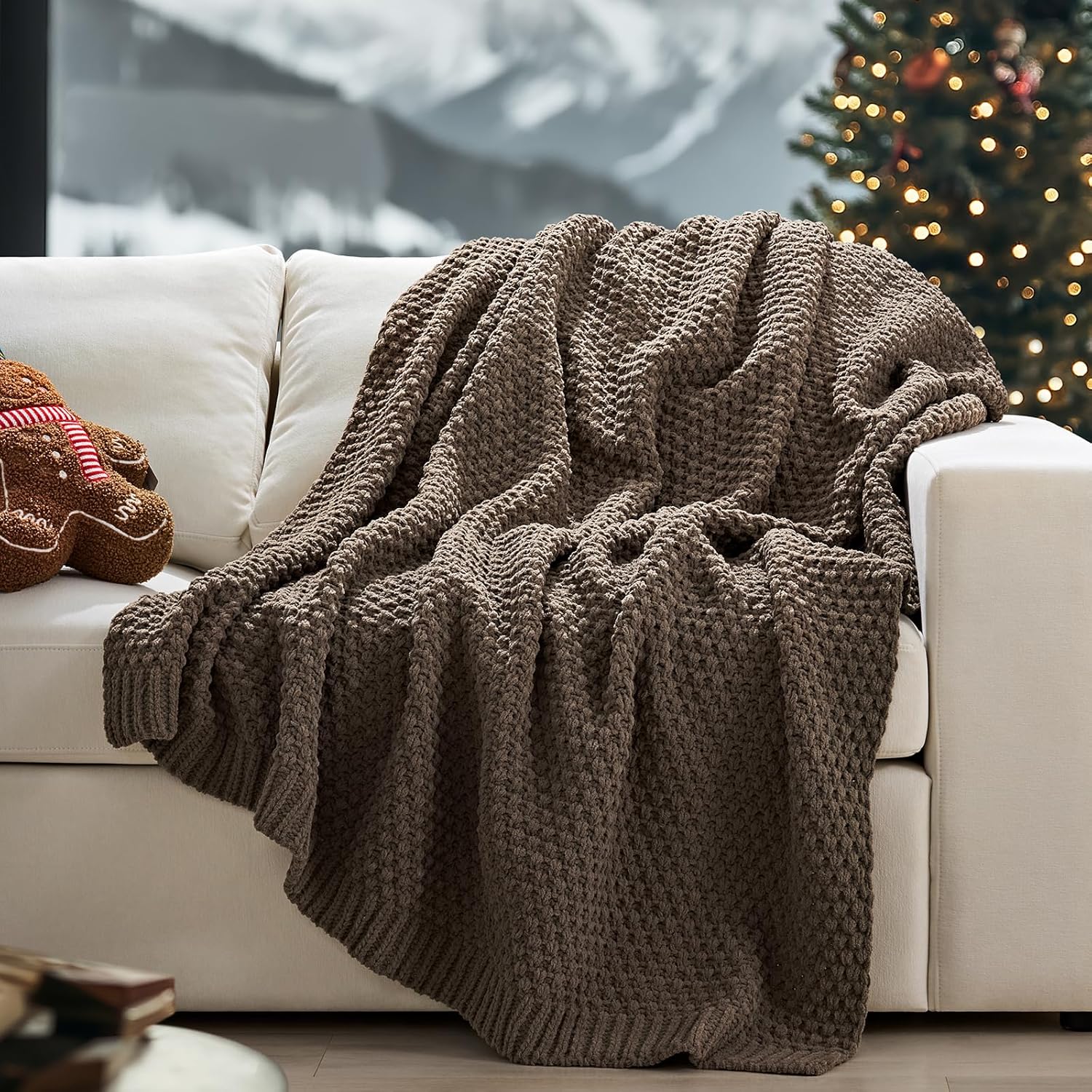 EVERGRACEHOME Chunky Chenille Knit Throw Blanket for Couch, Soft Luxurious Moss Stitch Blankets for Bed, Cozy Decorative Farmhouse Knitted Throws for Sofa, Mocha Brown, 60" x 80"