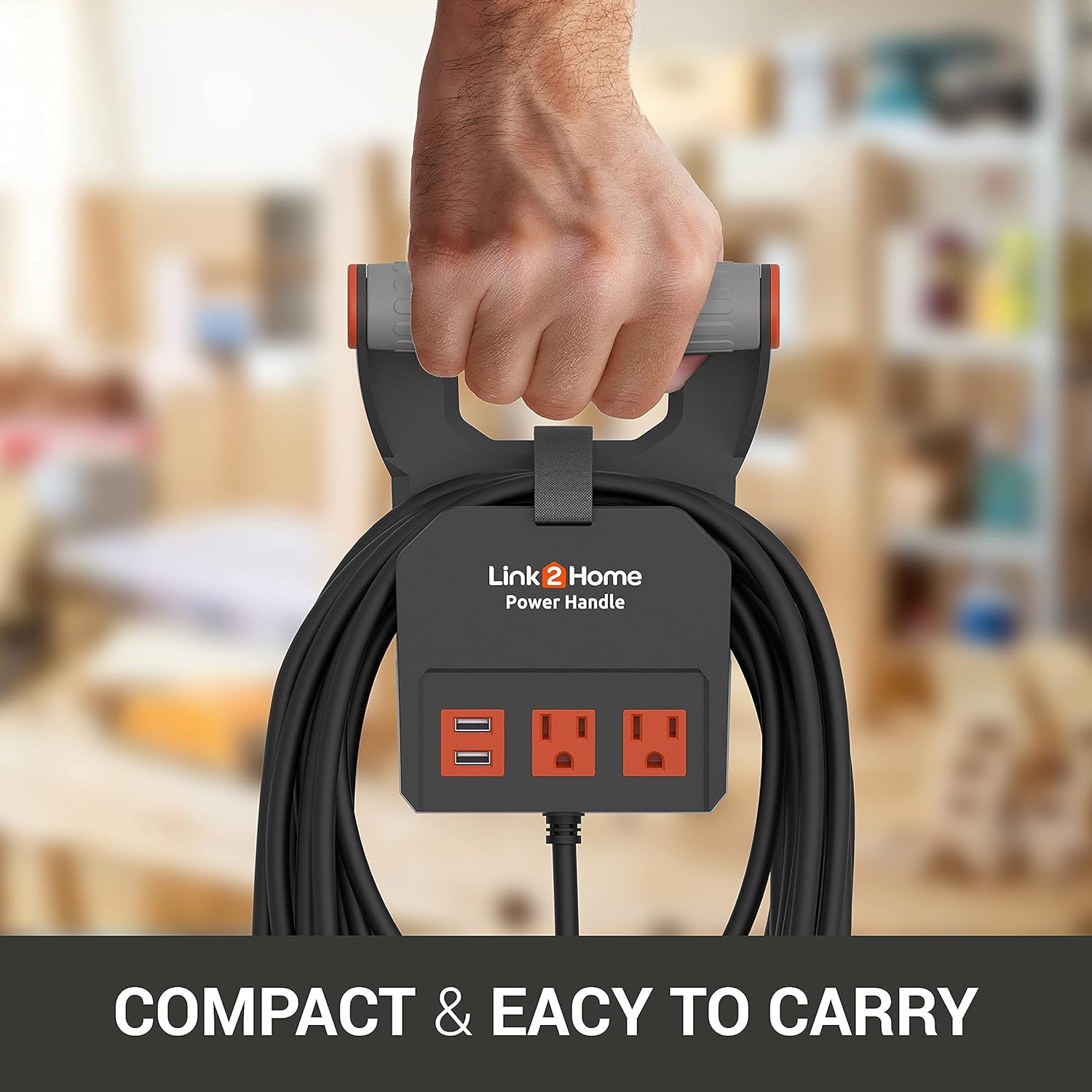 Link2Home 20 Ft. Power Handle Extension Cord W/ 2 Outlets & 2 USB Ports - Wall Bracket & Hardware Included