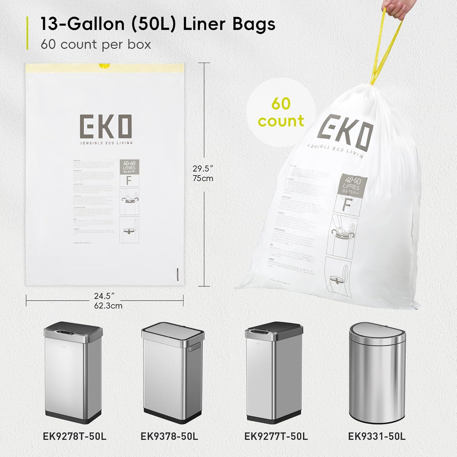 EKO 13 Gallon / 40-60 Liter, 60 Count Drawstring Trash Bags, Extra-Strong Unscented Garbage Bags, Easy-Dispense Roll for Kitchen & Household Use, Leak-Resistant, Code F, White