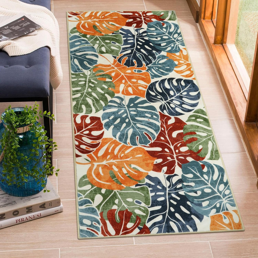 Wonnitar Tropical Colorful Kitchen Runner Rug, 2x4.3 Monstera Washable Leaf Rug Runner, Non-Slip Carpet for Bathroom, Low Pile Non-Shedding Throw Mat for Bedside Laundry Room Sink