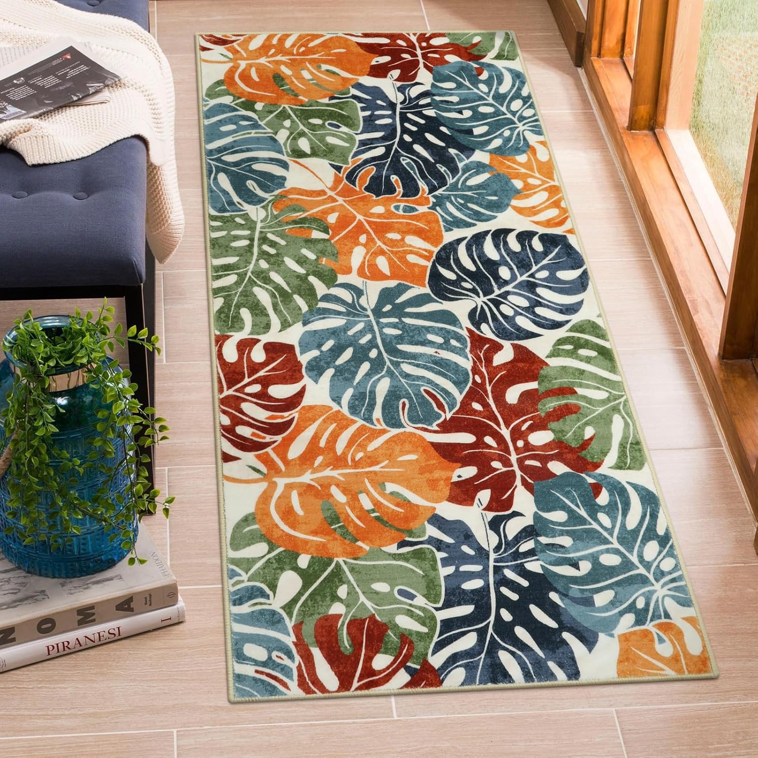 Wonnitar Tropical Colorful Kitchen Runner Rug, 2x4.3 Monstera Washable Leaf Rug Runner, Non-Slip Carpet for Bathroom, Low Pile Non-Shedding Throw Mat for Bedside Laundry Room Sink