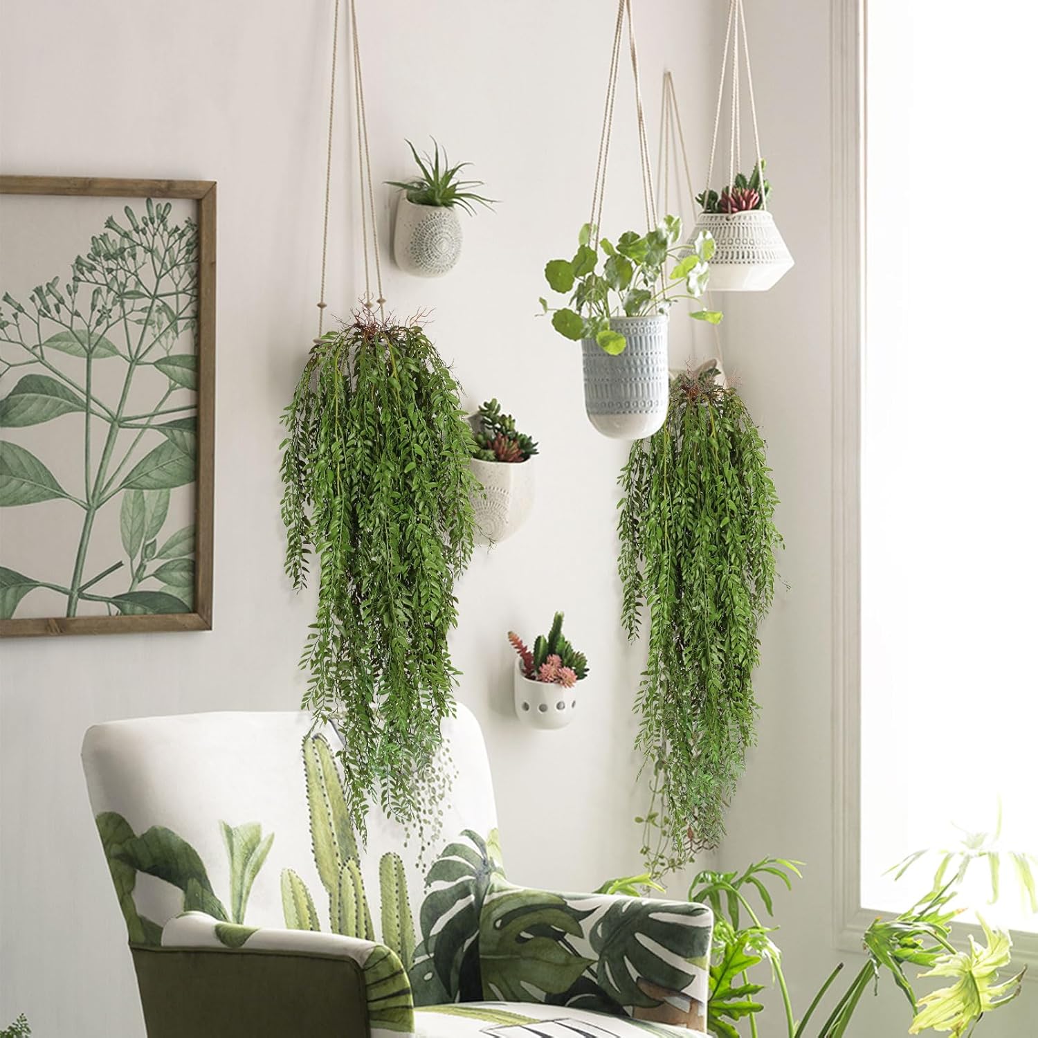 RECUTMS 2 Pcs Hanging Fake Plants Faux Ferns Ivy Willow Vine Leaves Wall Greenery Artificial Vine UV Resistant Plastic Home Garden Wedding Party Indoor Outdoor Decorations(Green)
