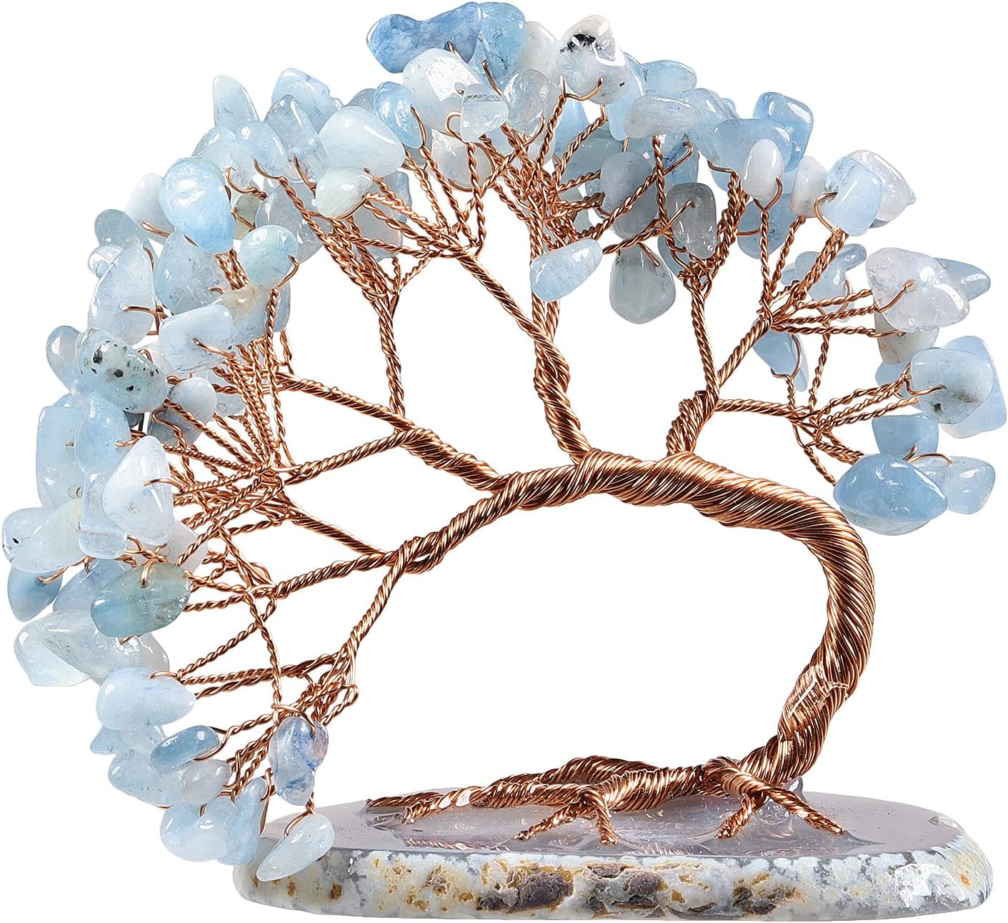 mookaitedecor Natural Aquamarine Crystal Money Tree Agate Slice Base Feng Shui Bonsai Crystal Tree for Wealth Luck Desk Decor, 3-4 Inch High