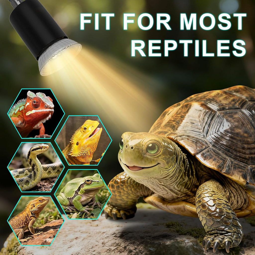 Reptile Heat Lamp Turtle Light - Long Lasting Ceramic Socket Basking Lamp with Auto Timer & Dimmer, 2 E27 Bulbs (25W & 50W) with UVB Support & Test Card for Turtles, Tortoises, Bearded Dragons, Geckos