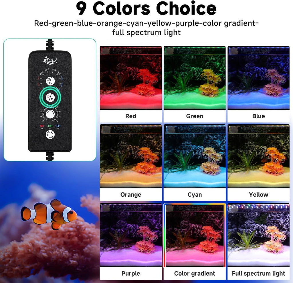AQQA LED Aquarium Light, 24/7 Mode IP68 Waterproof Extendable Bracket Fish Tank Light, DIY Mode Full Spectrum Aquarium Plant Light, Adjustable Timer/Brightness Memory Function for 12-18 Inch Fish Tank