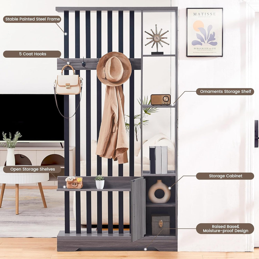 Room Divider with Shelves, Wall Room Divider Bookshelf, Freestanding Wood Privacy Screen with Storage Cabinet, Coat Rack, Display Shelf for Living Room Separation, Home Office Decorative