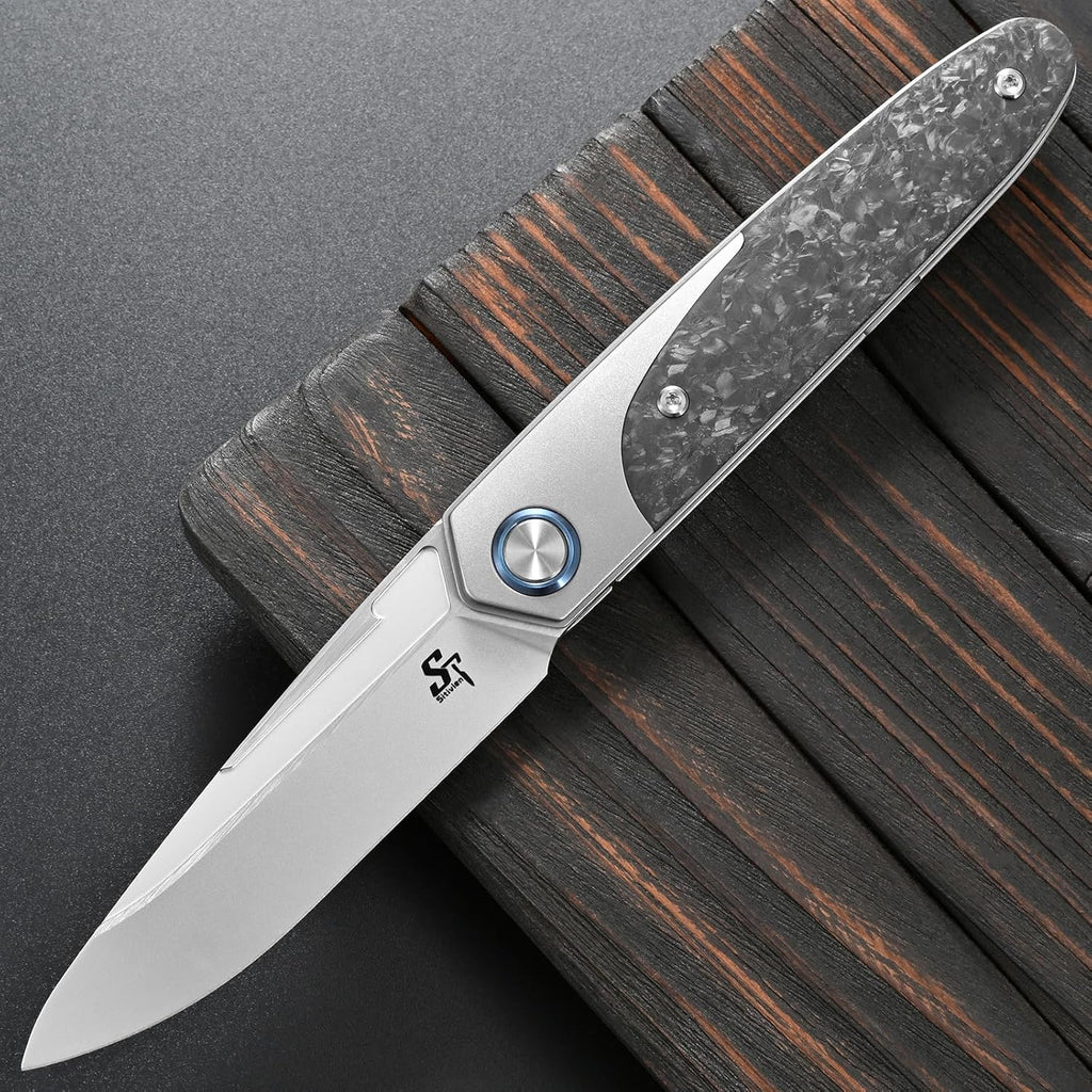 Sitivien ST992 Folding Pocket Knife,Handmade M390 Pearlescent Brushed Steel Blade,Titanium Carbon Fiber Handle EDC Tool Knife for Outdoor Camping,Hiking,Survival,Hunting(Gray) …