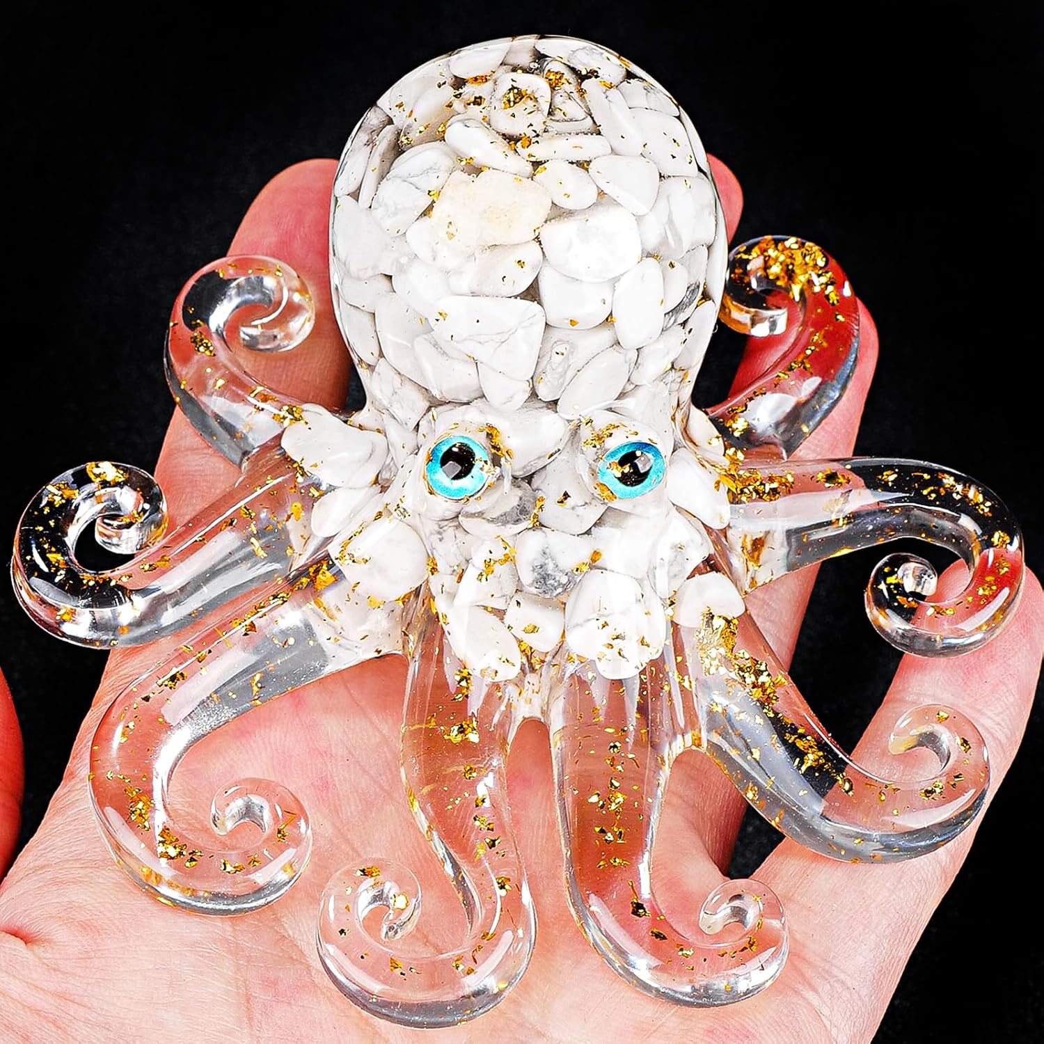 Natural Crystal Gravel Octopus Resin Marine Animals Fish Tank Decorative Ornaments Octopus Statue Healing Crystal Home Decor Ladies Gift 3.93" (White-Turquoise, 3.93")