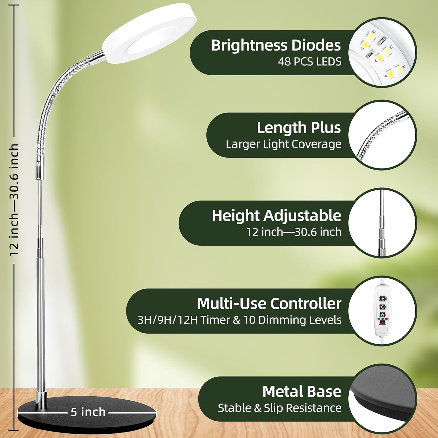Grow Light Full Spectrum Plant Grow Lights with Detachable Base 48 LED Plant Light Desk Grow Lamp for Indoor Plants Growing Lamps (White, 1)