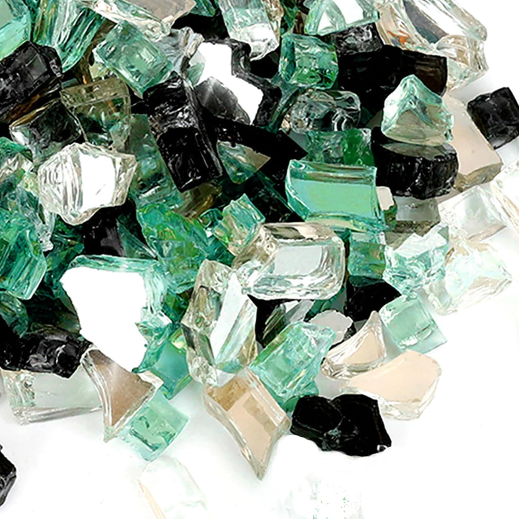 Skyflame 10-Pound Blended Fire Glass for Fire Pit Fireplace Landscaping - 1/4 Inch Reflective Tempered Fireglass Onyx Black, Platinum, Light Green