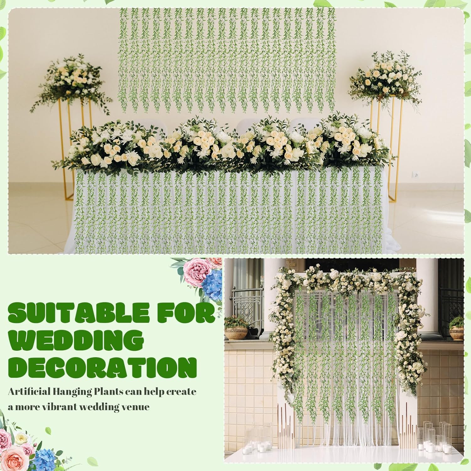 Riceshoot 48 Pcs Artificial Hanging Vines Fake Weeping Willow Leaves Decor Fake Seaweed Artificial Vines Greenery Garland for Wedding Party Backdrop Wall Decor Garden Patio Backyard (Dark Green)