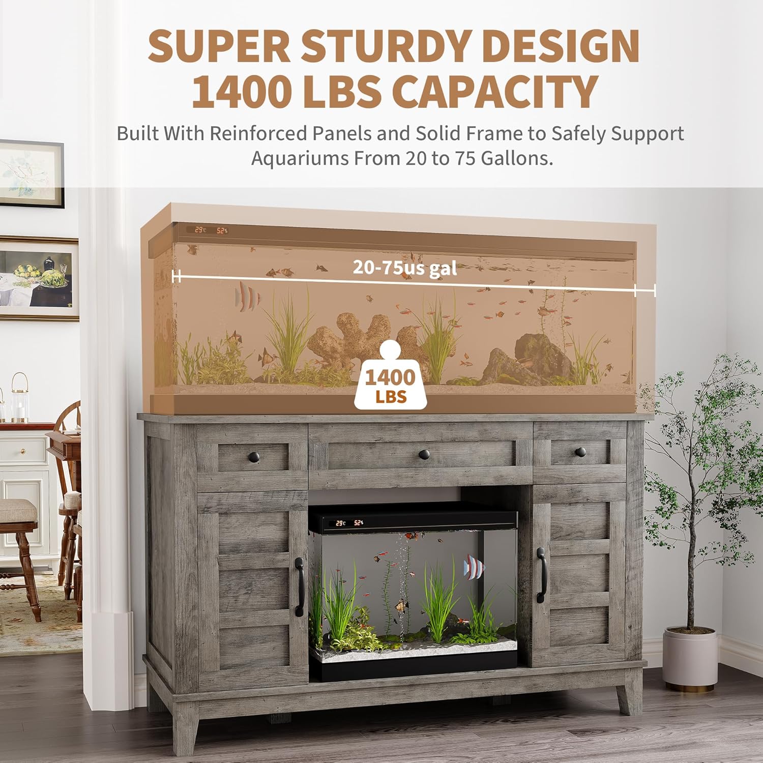 Farmhouse 55-75 Gallon Fish Tank Stand, Aquarium Stand with Power Outlet, 1400LBS Heavy Duty Fish Tank with Stand for Fish/Turtle/Reptile Terrarium