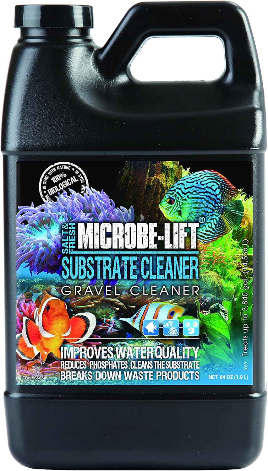 MICROBE-LIFT Gravel & Substrate Cleaner for Saltwater Aquarium and Freshwater Tanks, Tank Cleaner and Aquarium Water Conditioner, Clarifies Water, Reduces Sludge, Aquarium Supplies, 64 Ounces (GSC64)