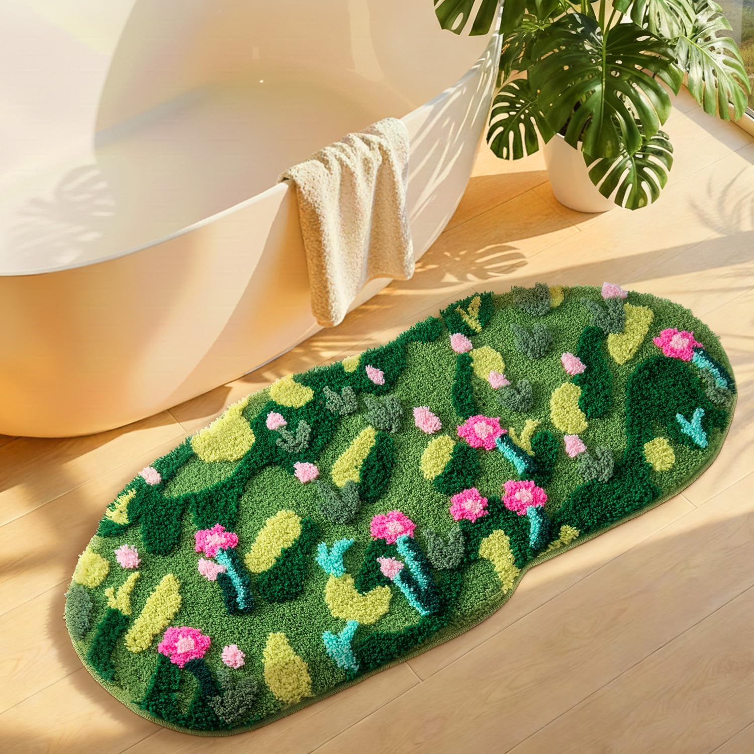 Green Floral Large Bathroom Rugs Bath Mat 3ft Non Slip Washable,3D Moss Rug Aesthetic Irregular Shaped Carpet for Bedroom,Tufted Rugs for Bedroom Dorm,Microfiber Grass Mat for Playroom Cute 40 X 20IN