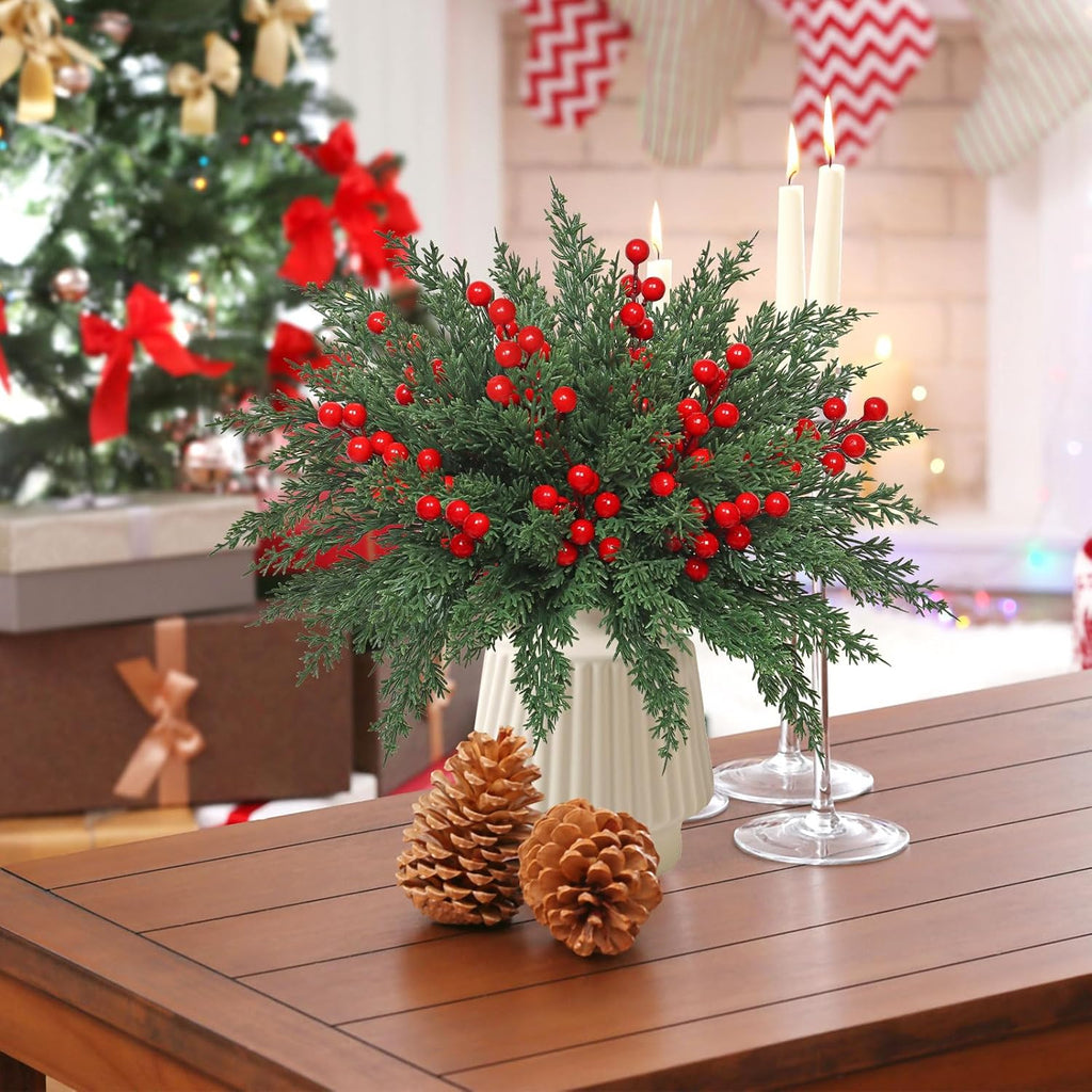 Weldomcor Christmas Artificial Pine Branches 40 Pcs Faux Norfolk Pine Stems with Red Berries, Xmas Fake Greenery Cedar Stems Plants Evergreen Picks DIY Christmas Decorations Holiday Home Table Decor