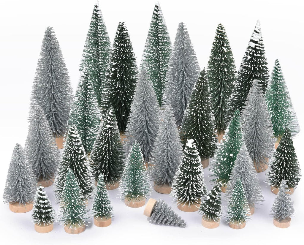 DearHouse 30PCS Artificial Mini Christmas Trees, Mini Pine Tree Sisal Trees with Wood Base Bottle Brush Trees for Christmas Table Top Decor Winter Crafts Ornaments (Silver, 30)