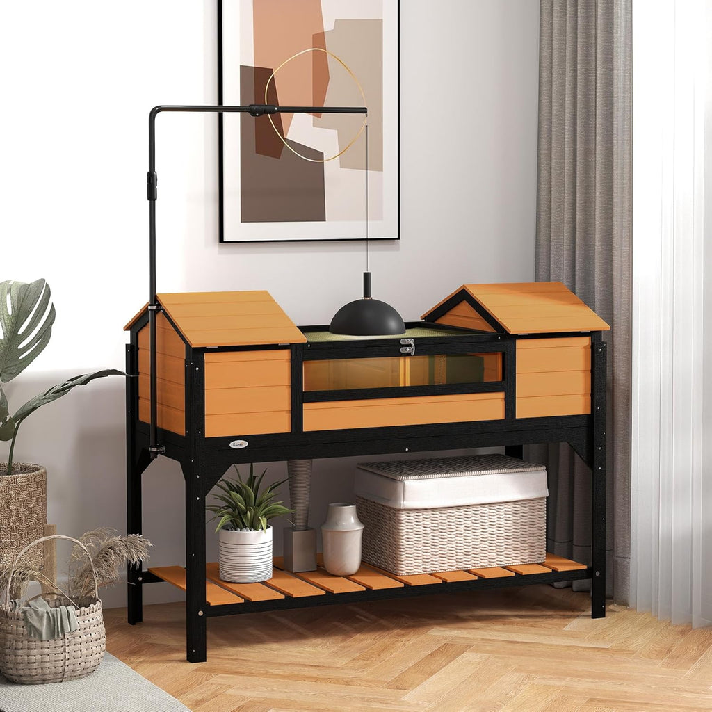 PawHut Tortoise Habitat with Adjustable Lamp Holder, Wooden Tortoise Enclosure with Storage Shelf, Dual Main Houses, Attached Tray, Openable Lid, Yellow