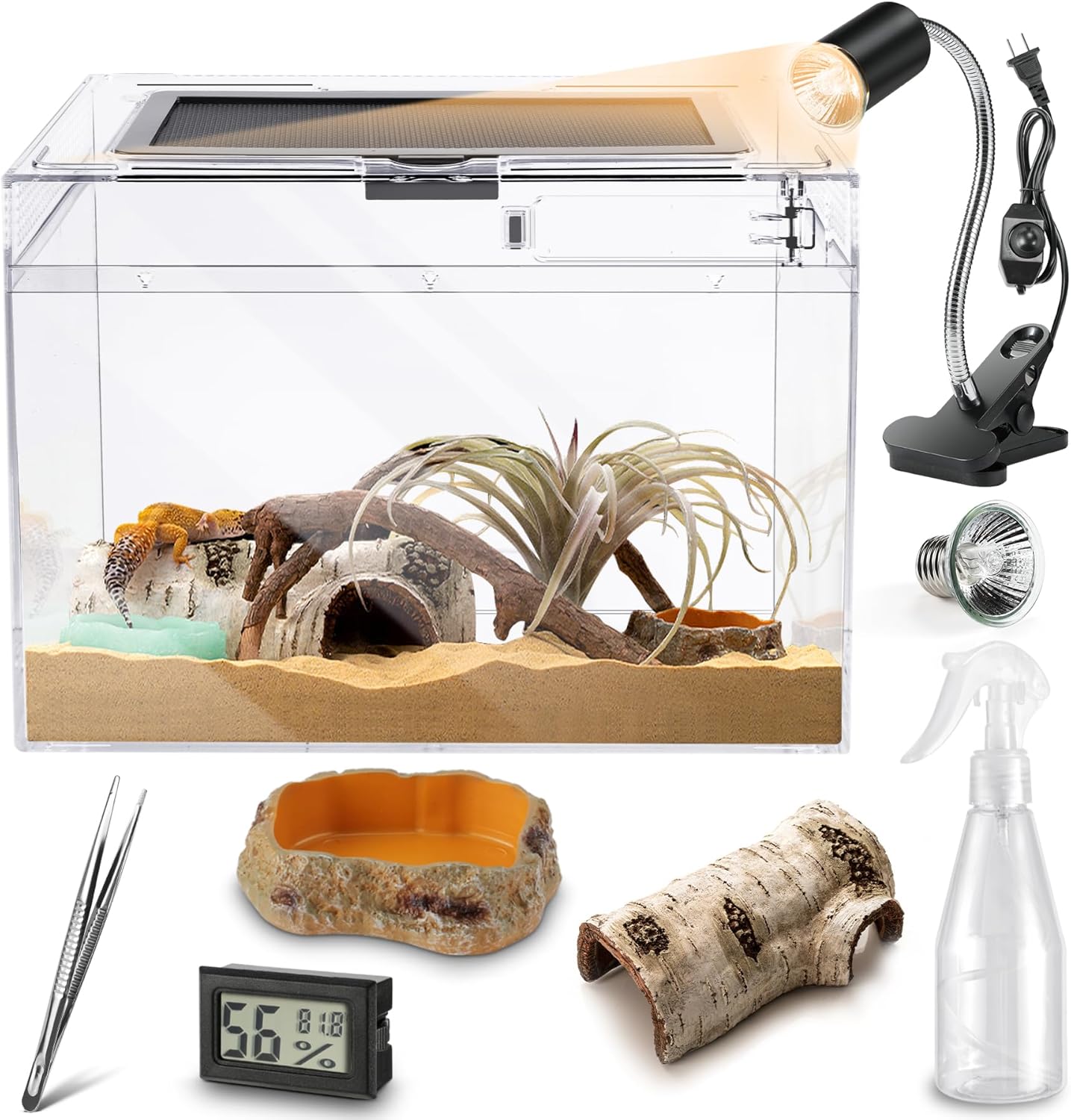 HELIME Reptile Polycarbonate Terrarium Kit 7 Piece Starter Habitat for Tarantula,Lizards,Frogs,Geckos,or Hermit Crabs,Tank with Escape-Proof Locking Lid,Light,Hygrometer,Hide,Tweezer,Bowl,Sprayer L