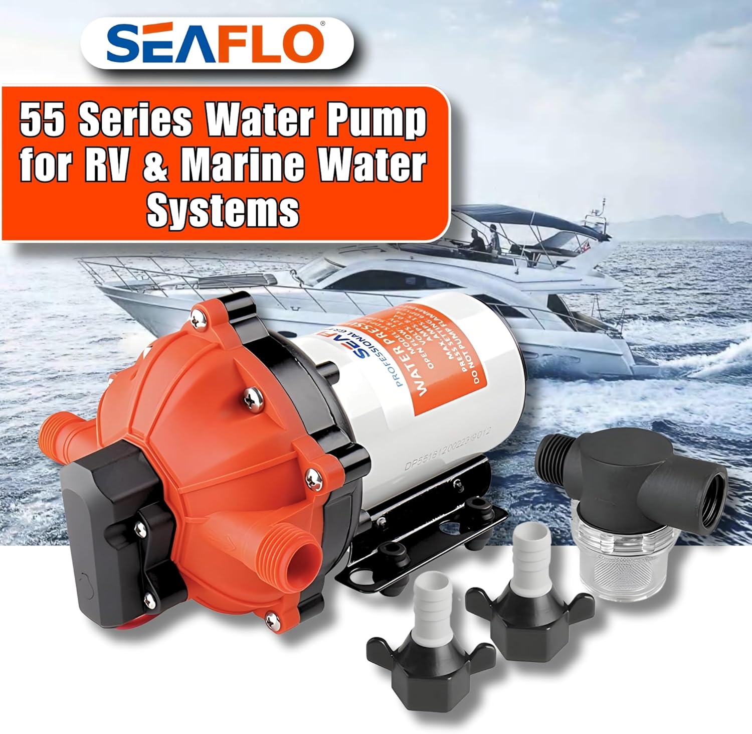 SEAFLO 55-Series Diaphragm Pump - 12V DC, 5.5 GPM, 60 PSI with Heavy Duty Pressure Switch | Self-Priming, Quiet Operation, 4-Year Warranty | Ideal for RV, Marine, and Off-Grid Water Systems