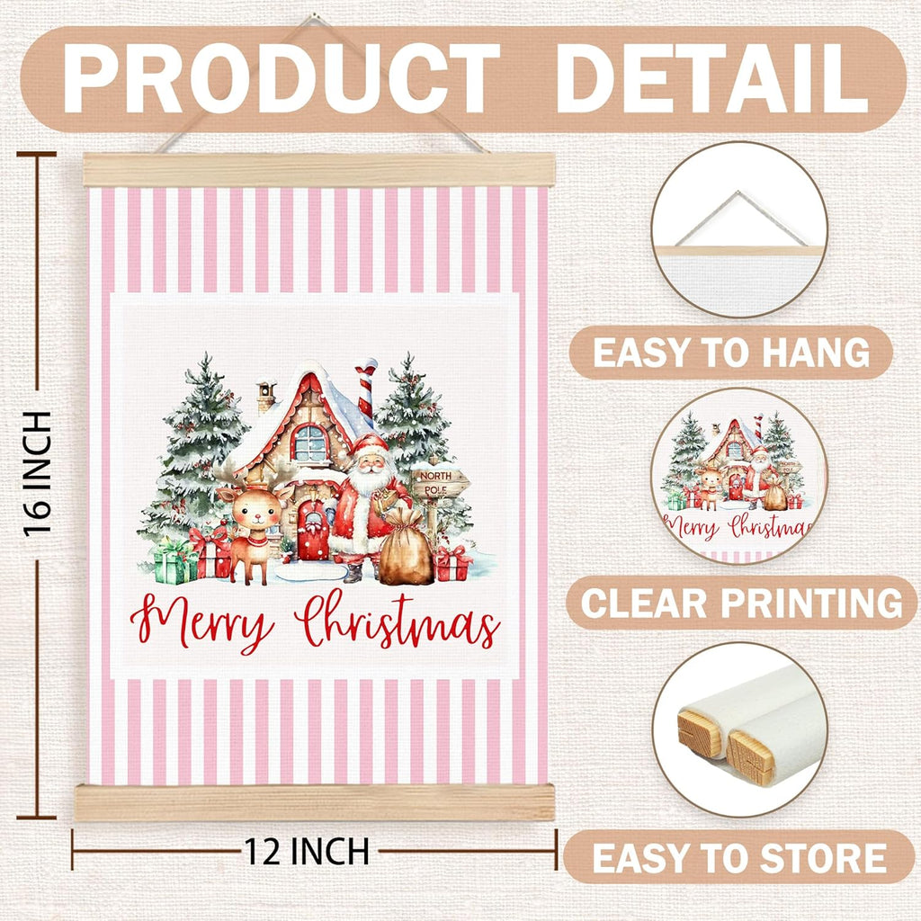 FDHSPAAM Cute Pink Christmas Santa Reindeer Wall Art Decor, Kids Christmas Decor, Winter Cottage Pink Striped Wall Art Posters for Home Bedroom Living Room, 12x16 Inch