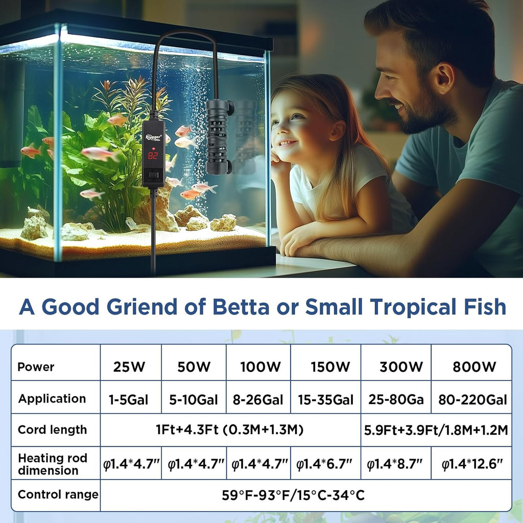 hygger Aquarium Betta Heater,25W/50W/100W/150W/300W/800W Removable Shell Submersible Fish Tank Heater with LED Digital Display,25W Suitable for 1-5 Gallon Freshwater and Saltwater Fish Tank