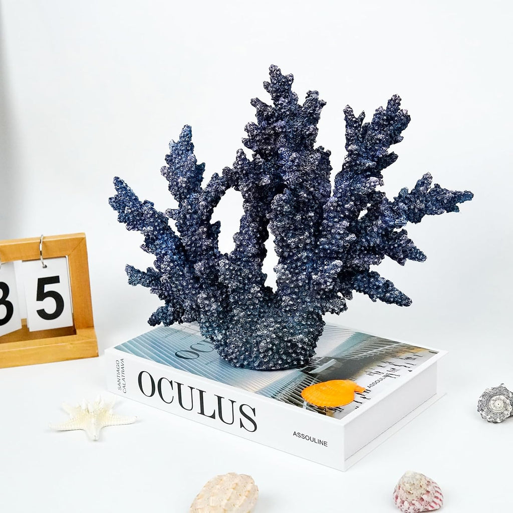 Coral Reef Beach Decor,11'' High x 13.5'' Width Artificial Resin Coral Reef Statue for Ocean Coastal Beach Nautical Themed Room Bathroom Decor for Home,1007B,Blue