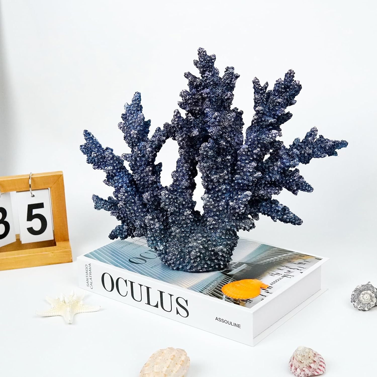Coral Reef Beach Decor,11'' High x 13.5'' Width Artificial Resin Coral Reef Statue for Ocean Coastal Beach Nautical Themed Room Bathroom Decor for Home,1007B,Blue