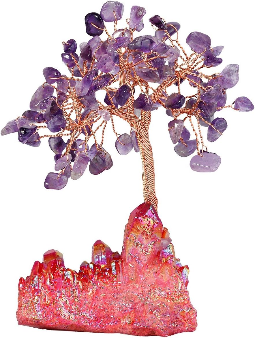 mookaitedecor Amethyst Crystal Tree, Quartz Cluster Red Titanium Crystals Base Bonsai Money Tree for Wealth and Luck