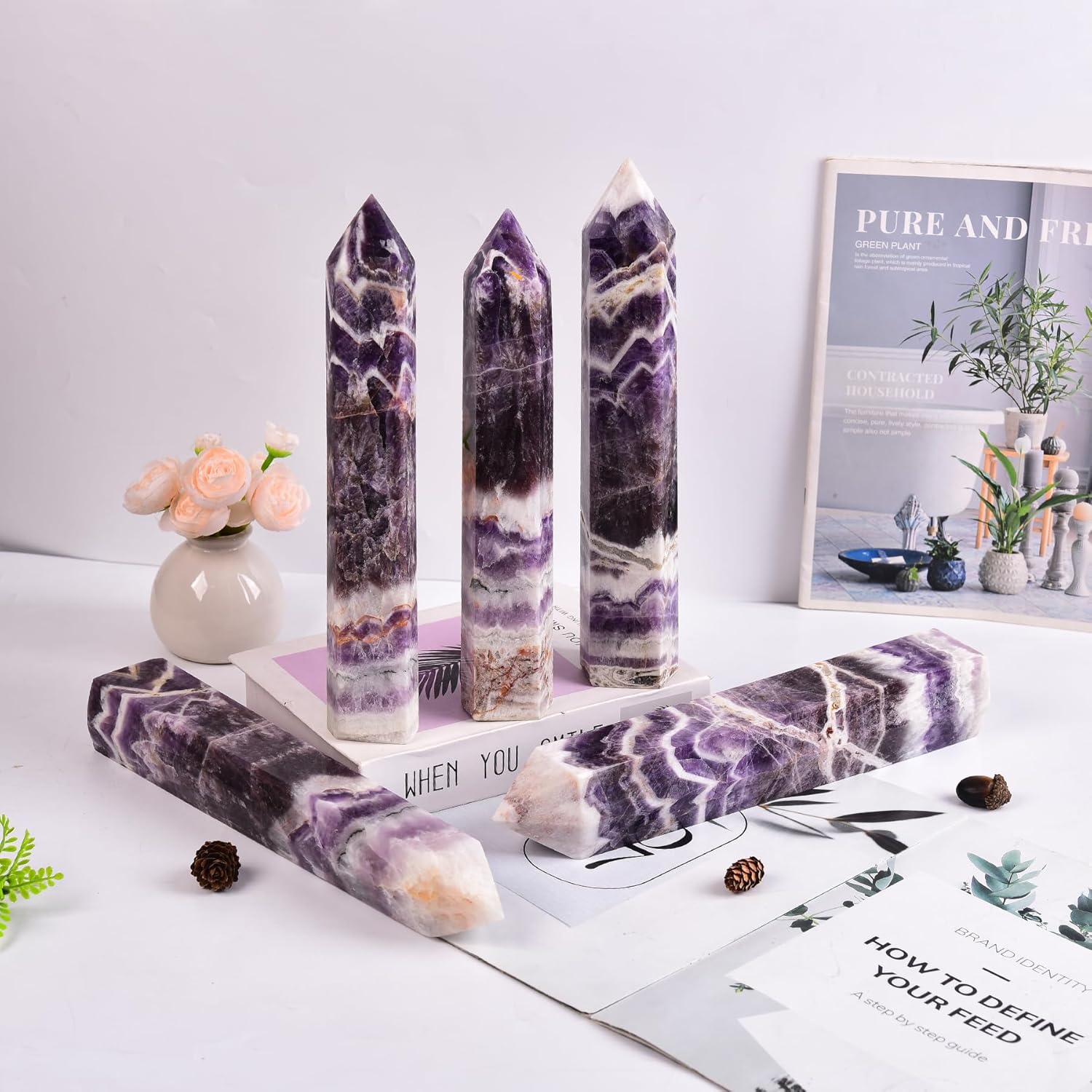 JIC Gem Extra Large Chevron Amethyst Healing Crystal Tower Wand 6 Faceted Quartz Crystals Obelisk Tower Points Crystals Decor Gift Reiki Chakra 4.0-4.4 Lbs
