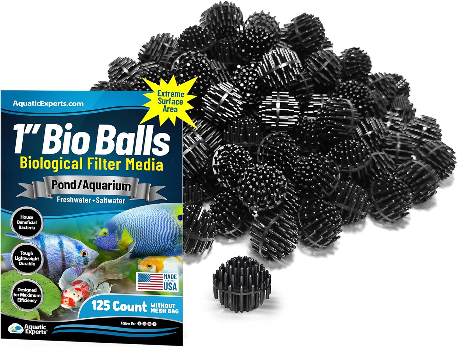 Aquatic Experts Bio Balls Filter Media, 1 Inch Small Bio Ball for Ponds and Aquarium Filters, Perfect Aquarium Filter Media, Made in The USA, (125 Count Without Mesh Bag)