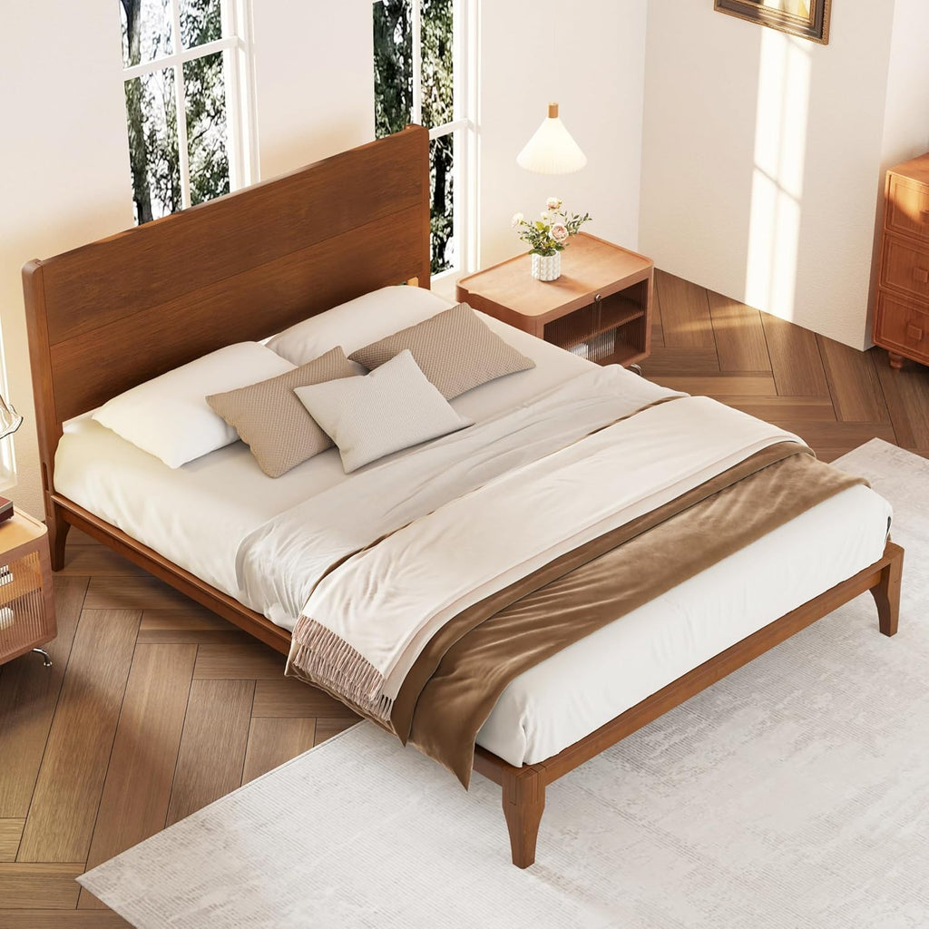 Merax Mid Century Full Size Bed Frame with Headboard, Bamboo Wood Platform Bed with Wood Slat, Heavy Duty Steel Center Beam for Support, Under Bed Storage, No Box Spring Needed, Brown