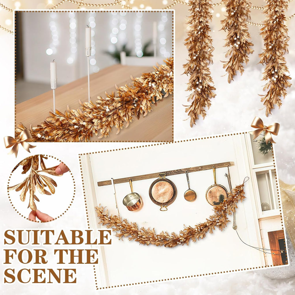 Dingion 6 Ft Christmas Gold Leaf Garland Artificial Boxwood Leaf Garland with Pearl White Berry for Christmas Fireplace Front Door Stairs Decoration Winter Engagement Birthday Wedding Party Supplies