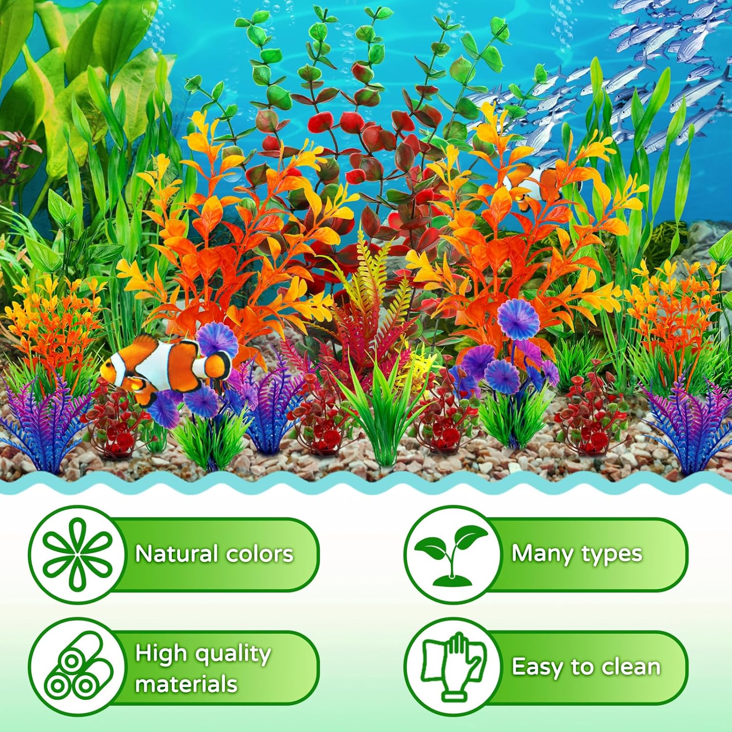 Fish Tank Decorations Plastic Plants Large, Aquarium Artificial Plants Decor Colorful Ornament Safe for All Fish - 20pcs
