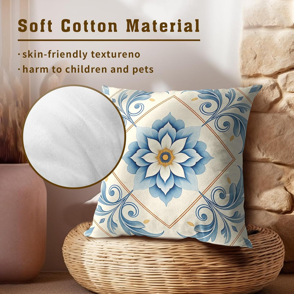 Oriental Blue & White Floral Throw Pillow Covers Set of 2 Ultra-Soft Pillow Shams with Hidden Zipper,Durable for Sofa Bed Car Decor & Gift 18x18IN