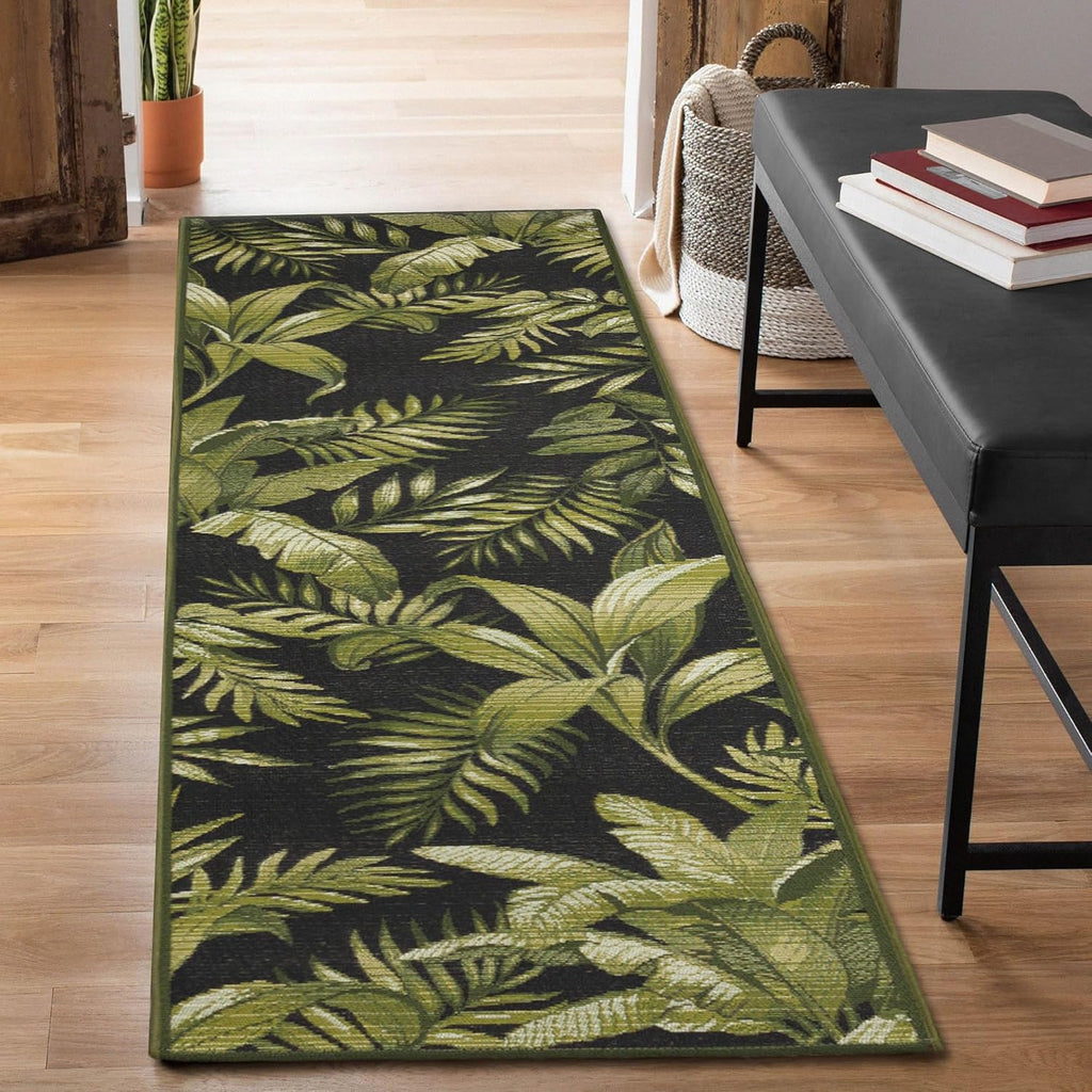 Liora Manne Marina Indoor/Outdoor Power Loomed Synthetic Blend Low Profile Area Rug - Transitional Graphic Botanical Beach Camping (Jungle Leaves Black) (1'11" x 7'6")