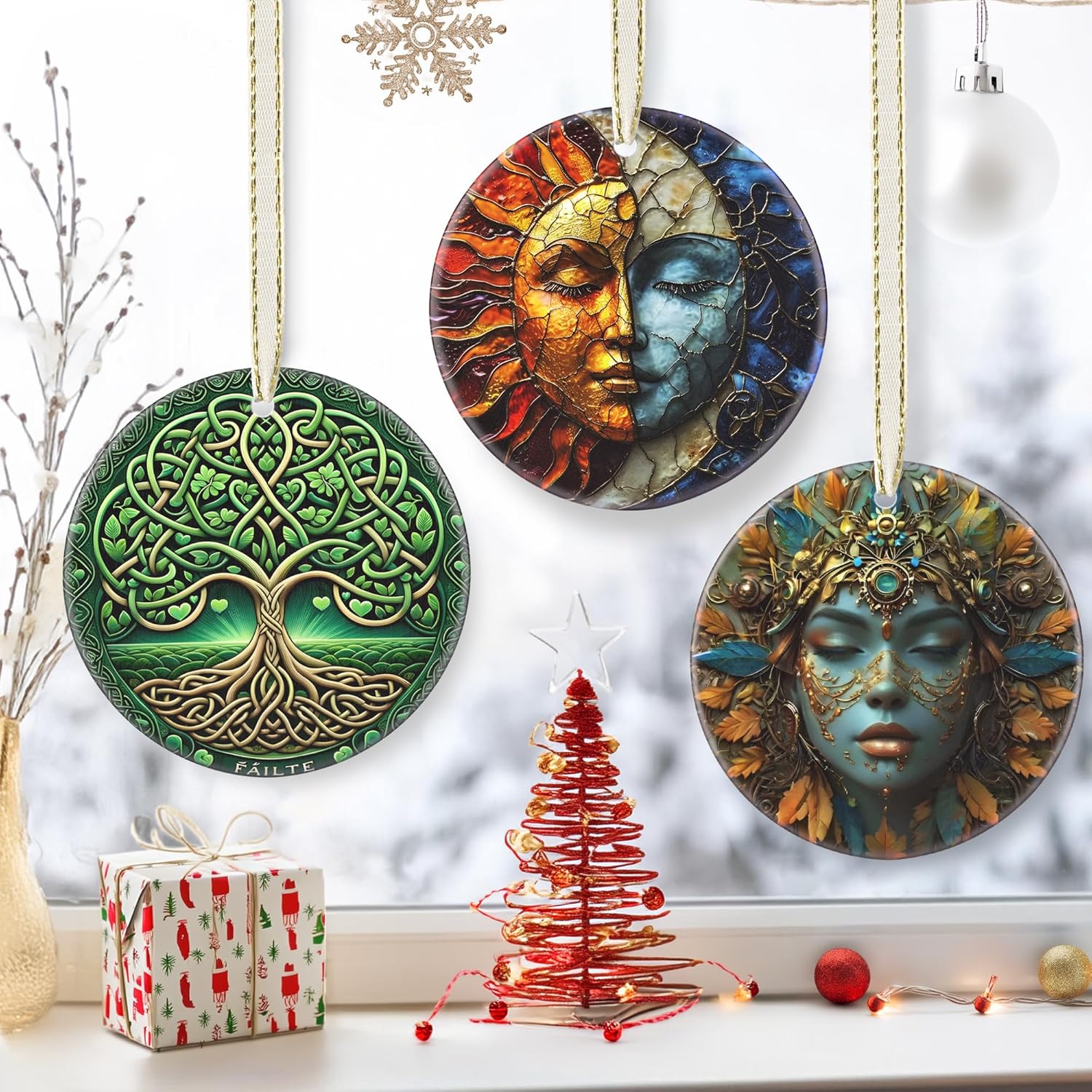 3.5 Inch Ceramic Christmas Tree Ornament, Sun and Moon Christmas Ornaments, Heirloom Keepsake, Gift Exchange, Gift Idea, Bauble Present