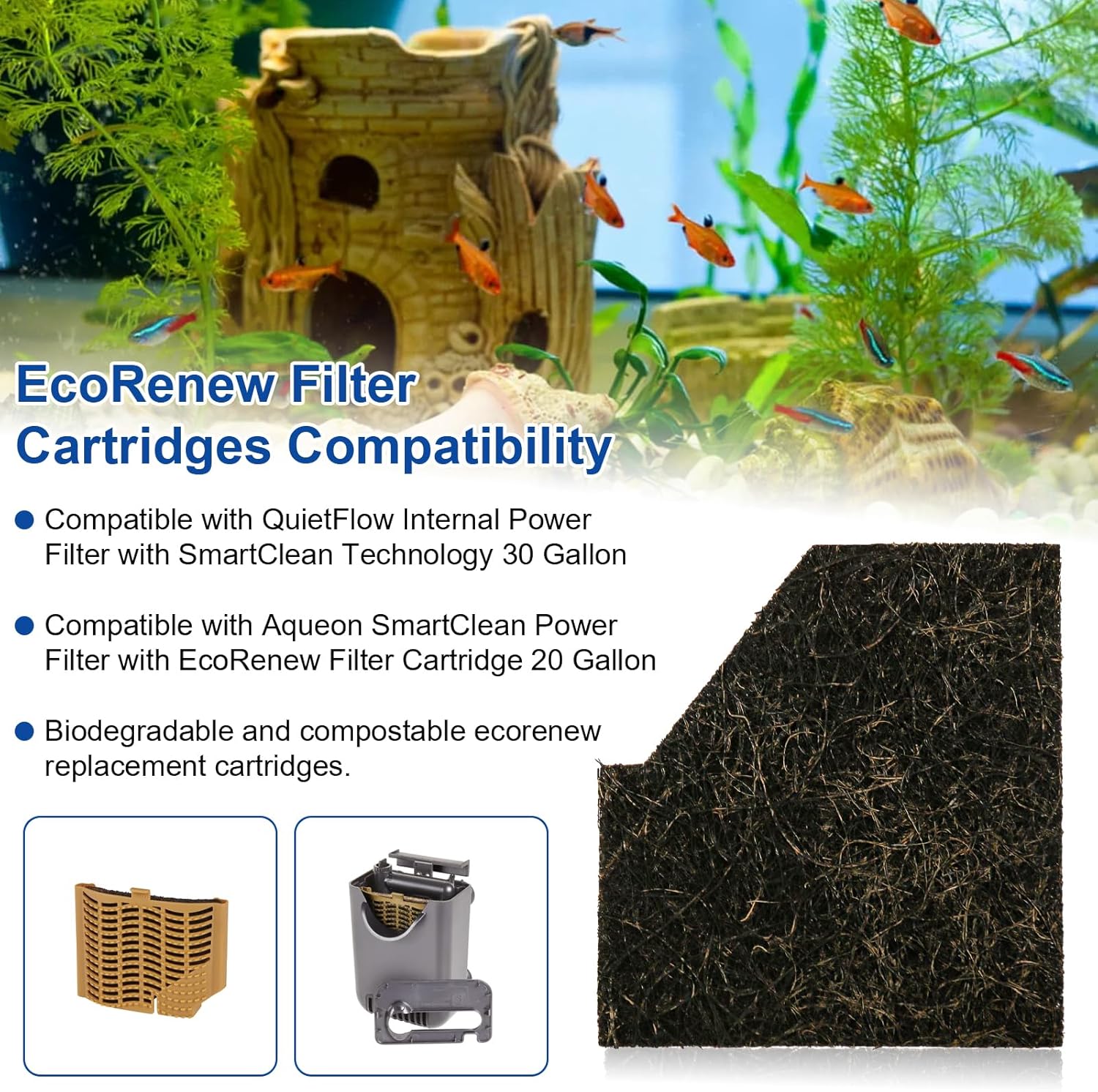 Medium Aquarium EcoRenew Filter Cartridges for Aqueon QuietFlow Internal Filter with SmartClean Technology 30G and SmartClean Filters 10-20G, Replacement Fish Tank Filters 6 Pcs