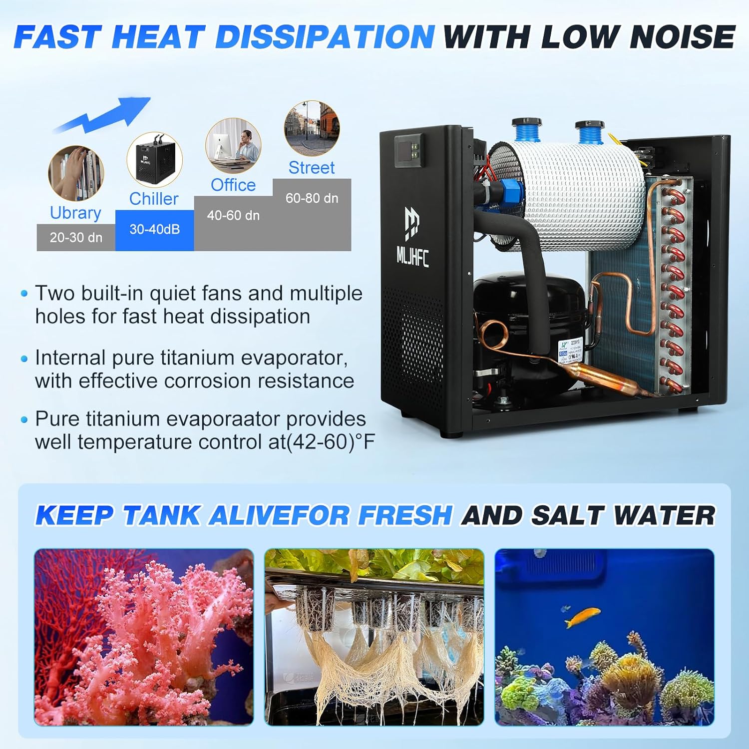 42Gal Aquarium Chiller 1/10 HP 160L Quiet Compressor Refrigeration Hydroponic Cooling System Suitable for Aquariums Salamanders Coral Reefs Jellyfish