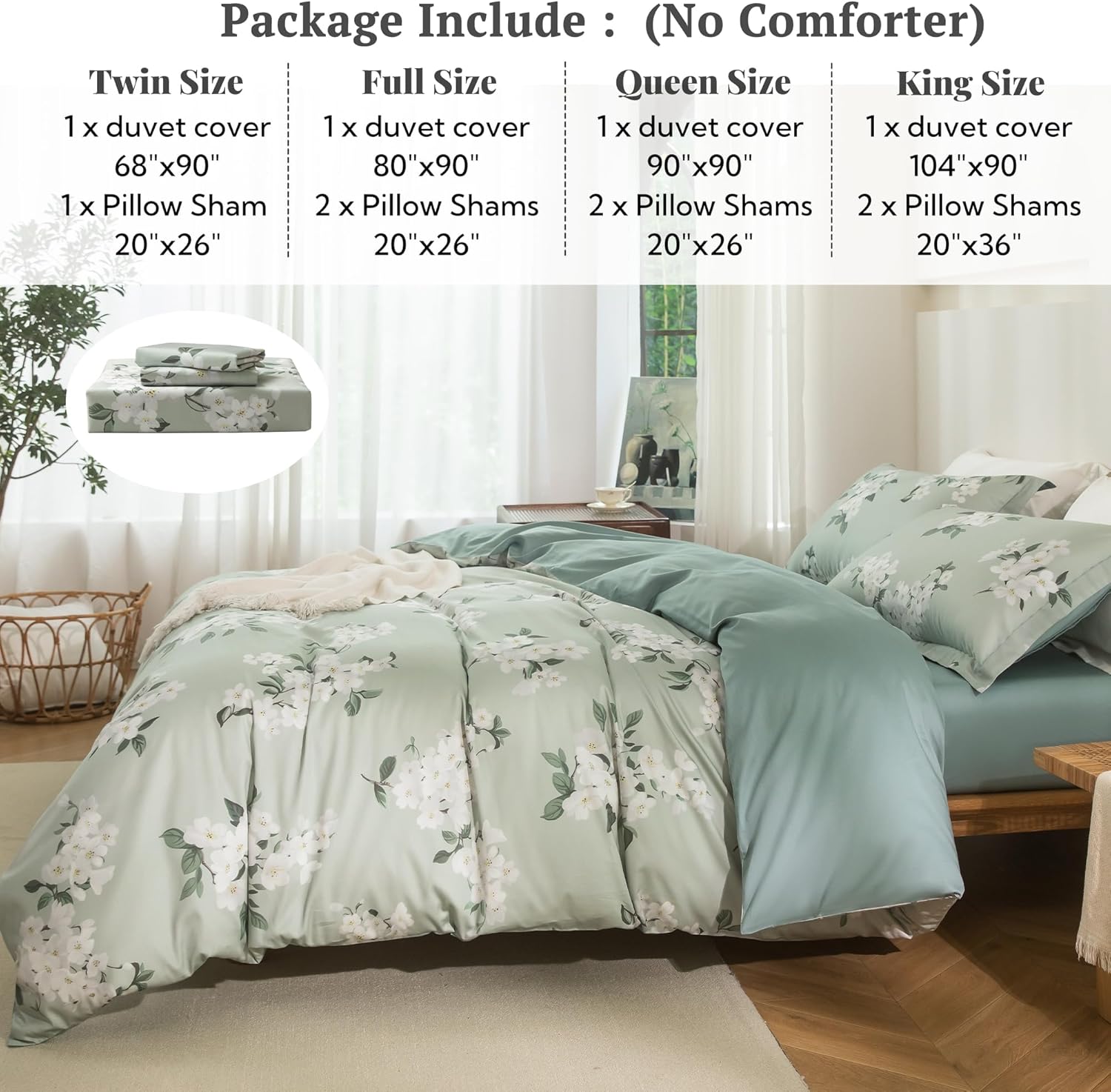 MILDLY Twin Size Duvet Cover Set 100% Long-Staple Cotton Luxury Sage Green Floral Patten Reversible Comforter Cover Set 2Pcs