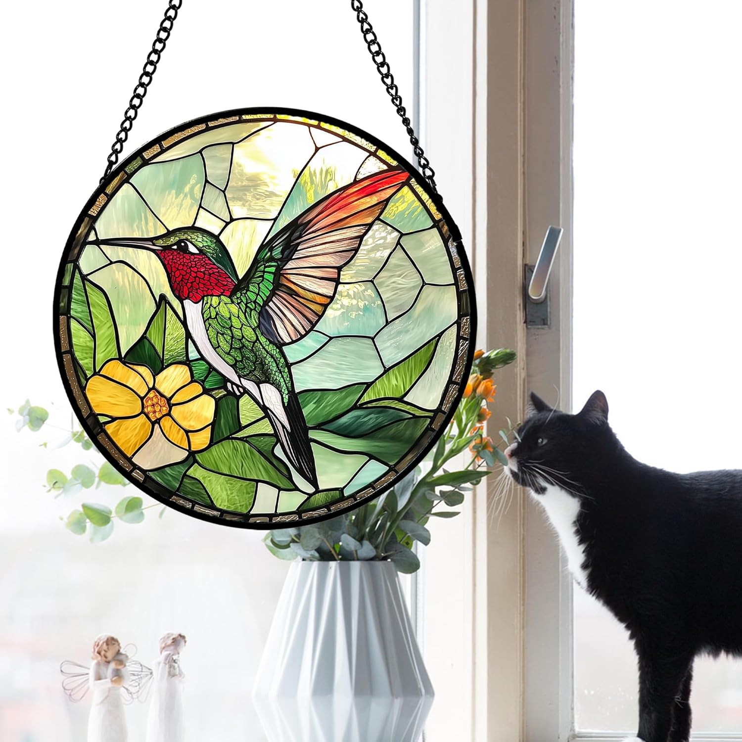Stained Glass Window Hanging, Green Hummingbird Sun Catcher for Door Home Decor, Birds Suncatcher Christmas Mother's Day Birthday Gifts for Bird Lovers Women Men Mom and Nana 9.8 in