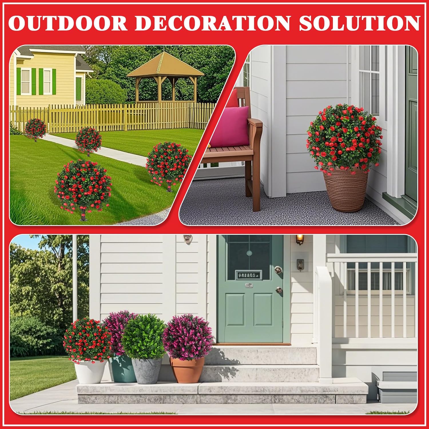 Artificial Boxwood Topiary Tree with Rose, Set of 2 Artificial Shrub Bushes with Ground Spike, Fake Evergreen Tree for Porch, Artificial Plants for Outdoor Planters Indoor UV Resistant