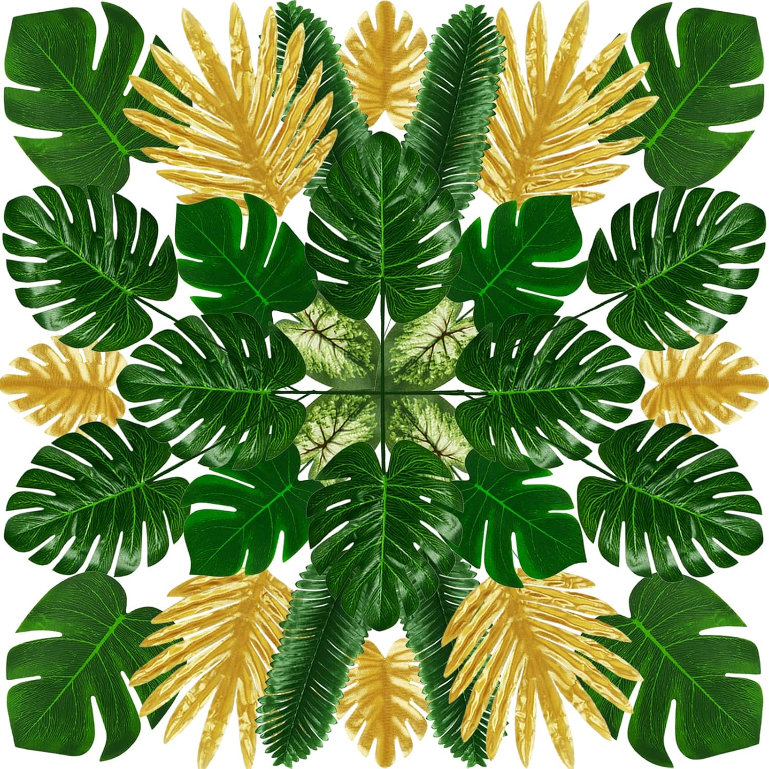 Tropical Party Decorations, 50 Pieces 7 Kinds Artificial Palm Leaves Green and Gold Tropical Monstera Leaves with Stems for Hawaiian Luau Party Jungle Beach Table Leave Decorations