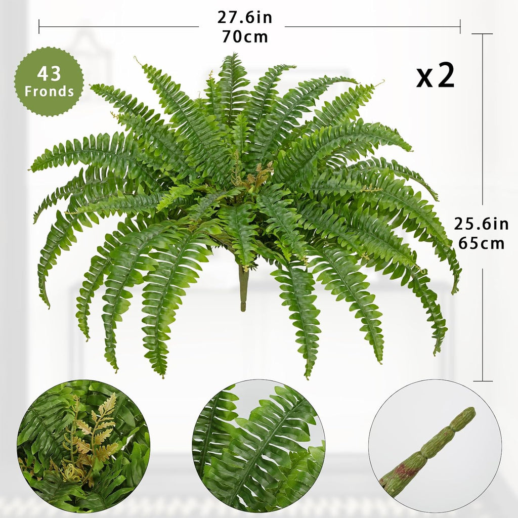 Ferns Artificial Plants 2 Pack Faux Ferns for Outdoor Planter Large Fake Ferns Look Real Artificial Ferns with 86 Fronds Hanging Boston Fern Fake Plant Shrubs for Home Farmhouse Garden Porch Decor