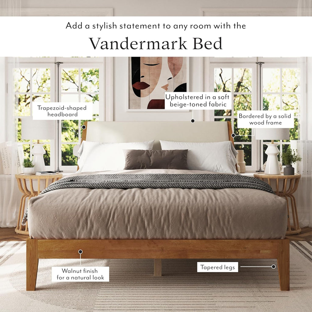 DG Casa Vandermark Solid Wood Easy Install Full Bed Frame with Unique Headboard and Wooden Slat Support Included No Box Spring Required - Beige Walnut