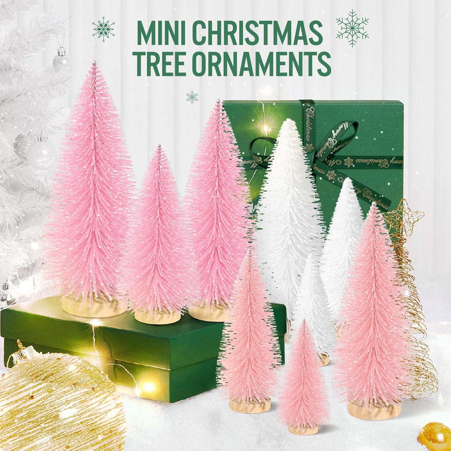9Pcs Mini Christmas Trees Christmas Decor Artificial Christmas Decorations with 4 Sizes, Christmas Tree Bottle Brush Trees Christmas Table Decorations (Pink Light Pink White)